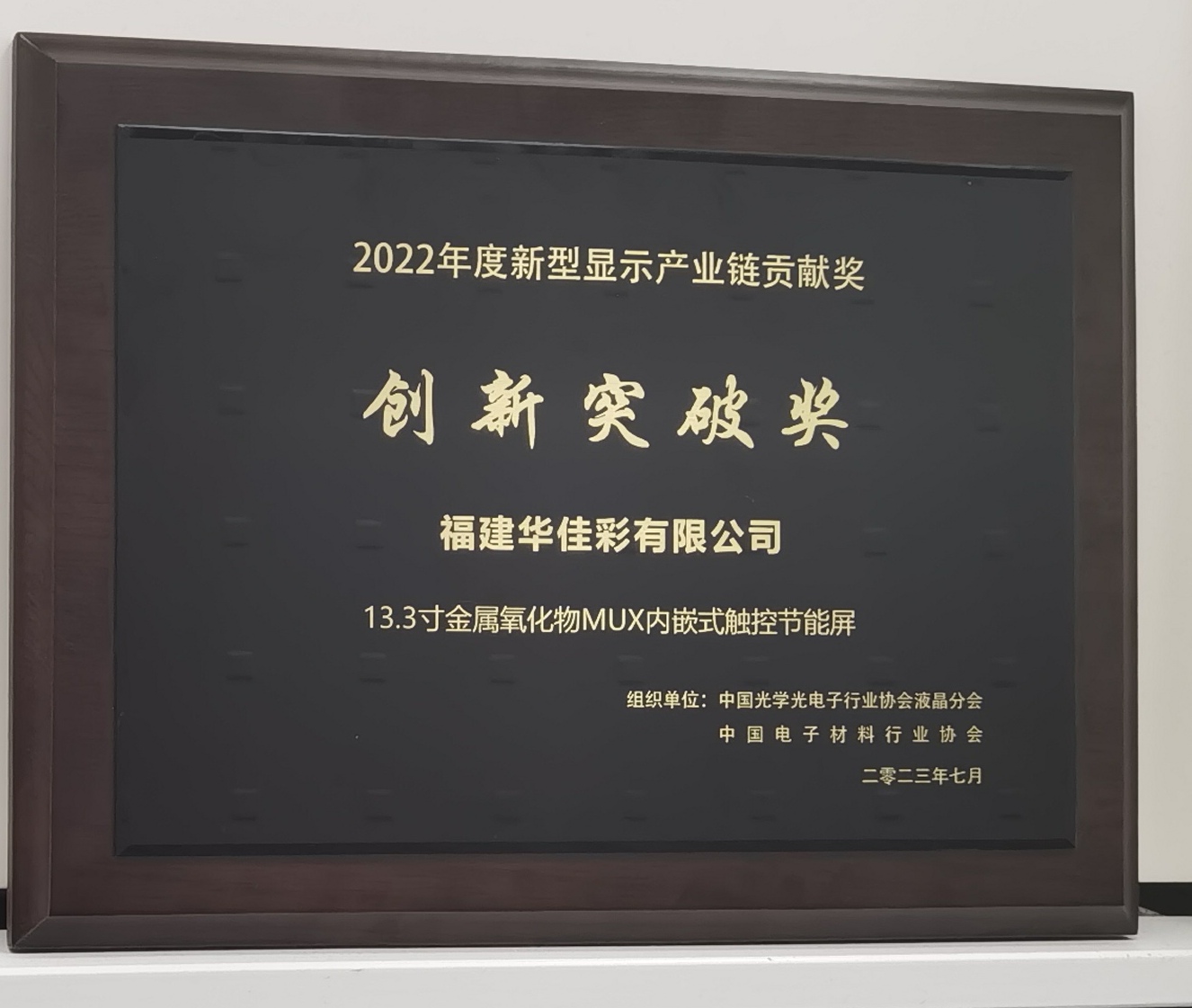 2022年度新型显示产业链贡献奖创新突破奖（13.3寸金属氧化物MUX内嵌式触控节能屏）